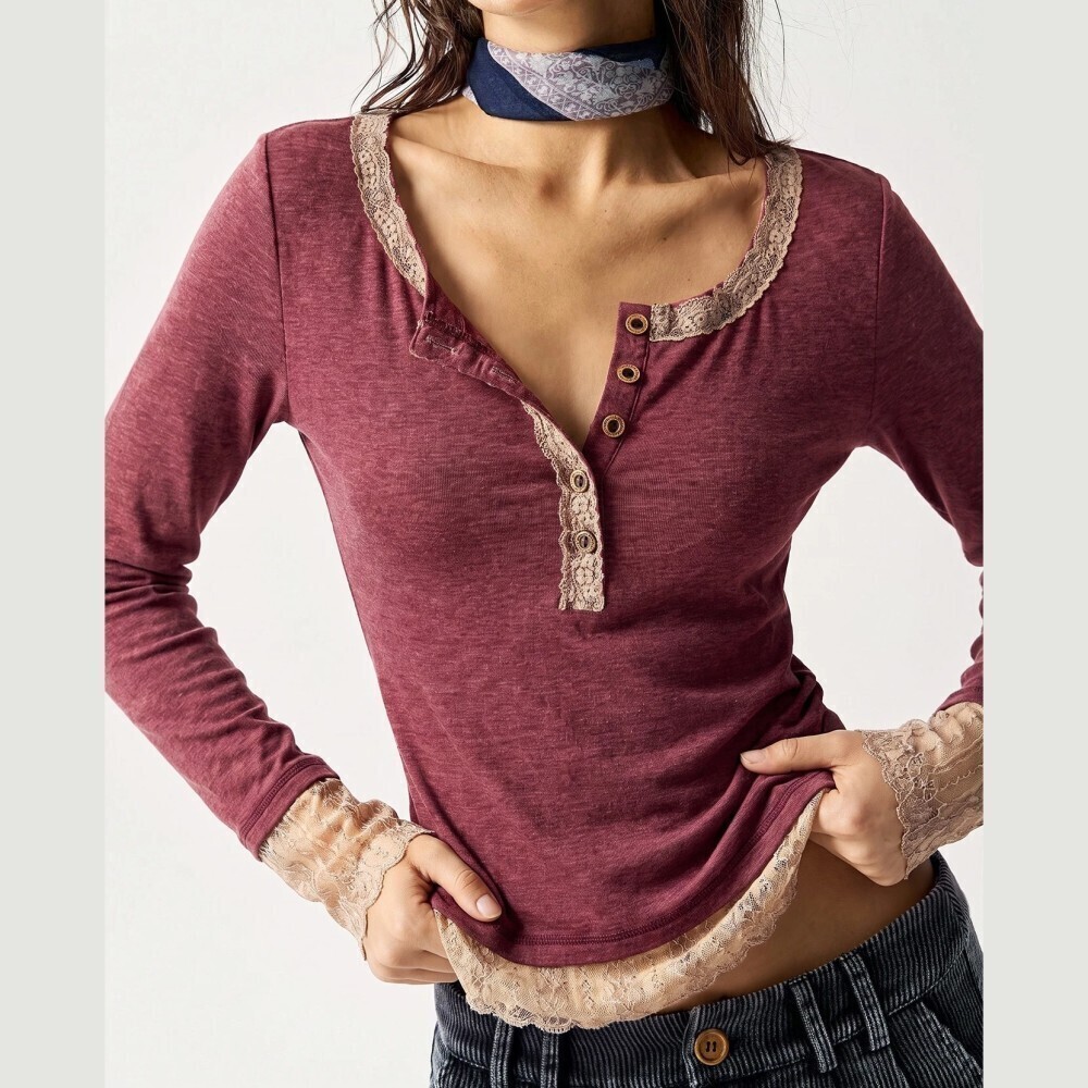 Burgundy Beige Lace Trim Henley Long Sleeve Knit Top Tee